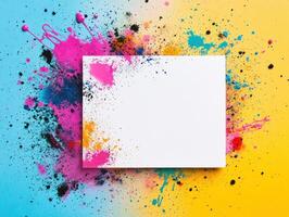 Energetic flat lay with blank canvas on vibrant paint splatter background for creative projects photo