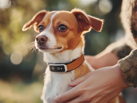 mascota propietario ajustando GPS rastreador en perro collar en al aire libre ajuste para la seguridad y supervisión foto