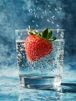 Refreshing strawberry suspended in sparkling water with bubbles photo