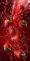 Dynamic splash of strawberry juice in motion for refreshing beverage design photo