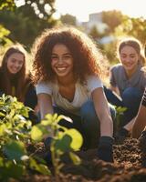 Happy diverse group of young people engaged in tree planting activity for environmental conservation photo