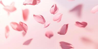Softly illuminated cherry blossom petals falling against a gentle background photo