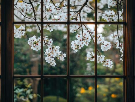 Traditional Japanese window frame with cherry blossoms and serene garden view photo