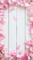 Elegant composition of pink sakura petals on white wooden background for spring design and decor inspiration photo