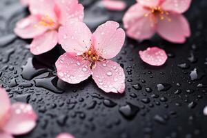 Delicate cherry blossom petals with dew drops on wet surface. Nature and tranquility photo