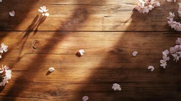 Delicate sakura petals on rustic wooden surface with gentle shadows photo