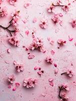 Serene composition of cherry blossom petals on soft pink background photo