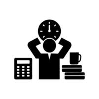 Stressed office worker with piles of paperwork, calculator, clock, and cup, symbolizing stress during tax season, Tax Day background vector