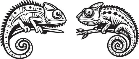 Two Chameleons Sketch Drawing. vector
