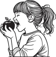 Girl Biting Apple Sketch Drawing. vector