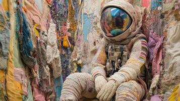 A colorful astronaut sitting against a textured, abstract fabric wall. photo