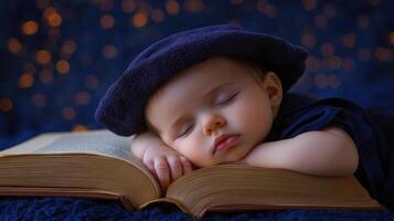 A serene baby sleeps peacefully on an open book. photo