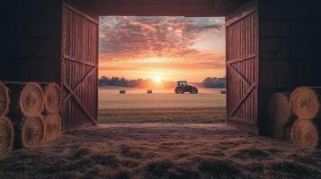 A serene sunset view from a barn, featuring a tractor and hay bales. photo