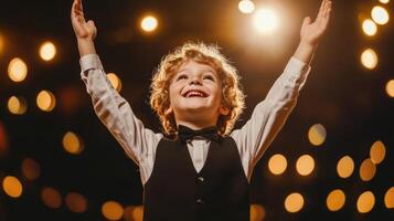 A joyful boy in a suit celebrates on stage with raised hands. photo