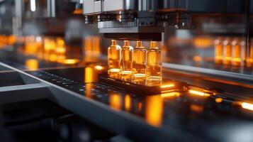 Automated machinery handling glass bottles in a high-tech production setting. photo