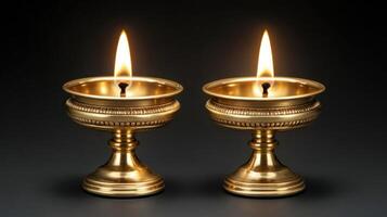 Two elegant gold candles with flames casting a warm, serene glow. photo