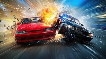 A dynamic collision between a red and black car, with an explosion. photo