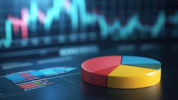 A colorful pie chart displayed on a digital background of finance data. photo
