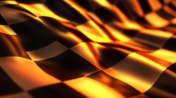 A flowing, glossy black and gold checkerboard fabric texture. photo