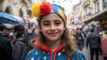 A smiling child in a colorful costume, enjoying a festive carnival atmosphere. photo