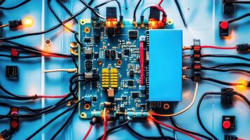 Close-up of a circuit board with interconnected wires and glowing lights. photo