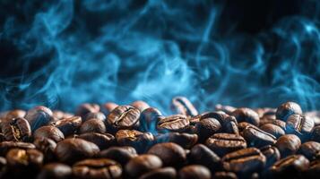 A close-up of roasted coffee beans with swirling smoke above. photo