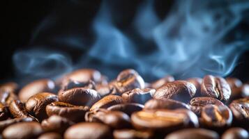 Close-up of roasted coffee beans with steam rising, evoking warmth. photo