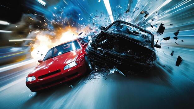 Dynamic scene of a high-speed car crash with explosive effects. photo