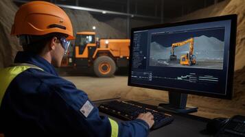 A worker monitors heavy machinery operation on a computer in a warehouse. photo