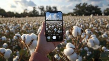 A hand holds a smartphone capturing a cotton field under a cloudy sky. photo