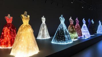 Showcase of illuminated evening gowns in a striking display. photo