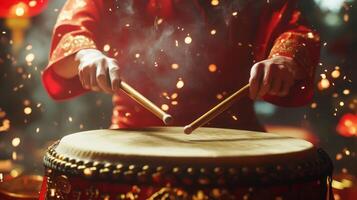 A vibrant performance featuring hands playing a traditional drum. photo
