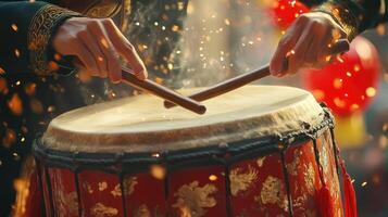 Energetic drumming performance with hands and sticks in vibrant celebration. photo
