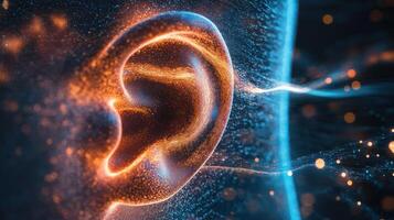 An abstract representation of an ear with glowing sound waves. photo