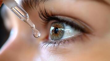 Close-up of an eye with a dropper applying liquid for skincare. photo