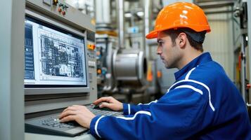 A worker in an orange helmet examines data on a control panel. photo