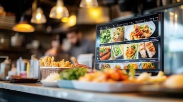 A modern restaurant display featuring vibrant food options. photo