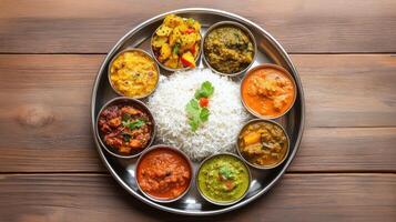 A vibrant thali with rice and assorted curries on a wooden table. photo
