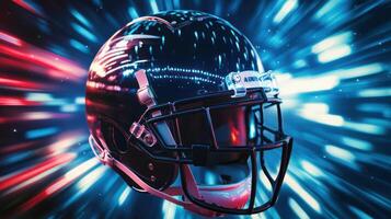 A futuristic football helmet with a vibrant, dynamic background. photo