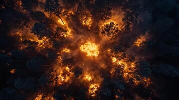 Aerial view of a forest engulfed in flames and smoke. photo