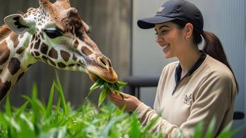 A joyful interaction between a woman and a giraffe in a lush setting. photo