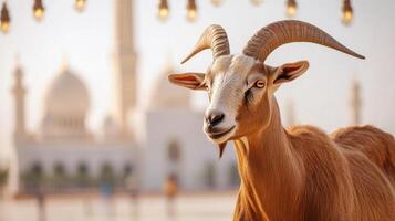 A majestic goat with a historical backdrop in soft, warm light. photo