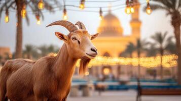 A majestic goat with a historical backdrop in soft photo
