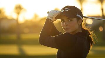 A determined woman golfer practicing her swing during sunset. photo