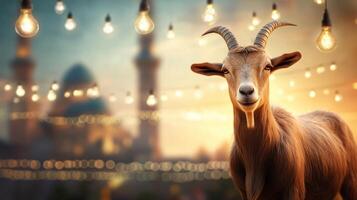 A cheerful goat in a magical, softly lit evening setting. photo