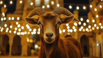 A charming goat stands before warm, glowing lights at night. photo