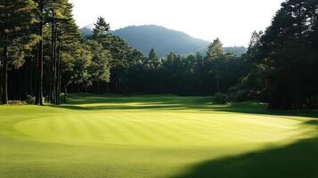 A serene golf course surrounded by trees and gentle hills. photo