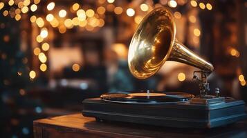 A vintage gramophone stands out against a warm, festive bokeh backdrop. photo