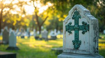 A serene cemetery scene with a decorative tombstone under soft sunlight. photo