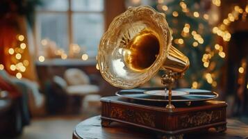A vintage gramophone with warm bokeh lights, evoking nostalgia. photo